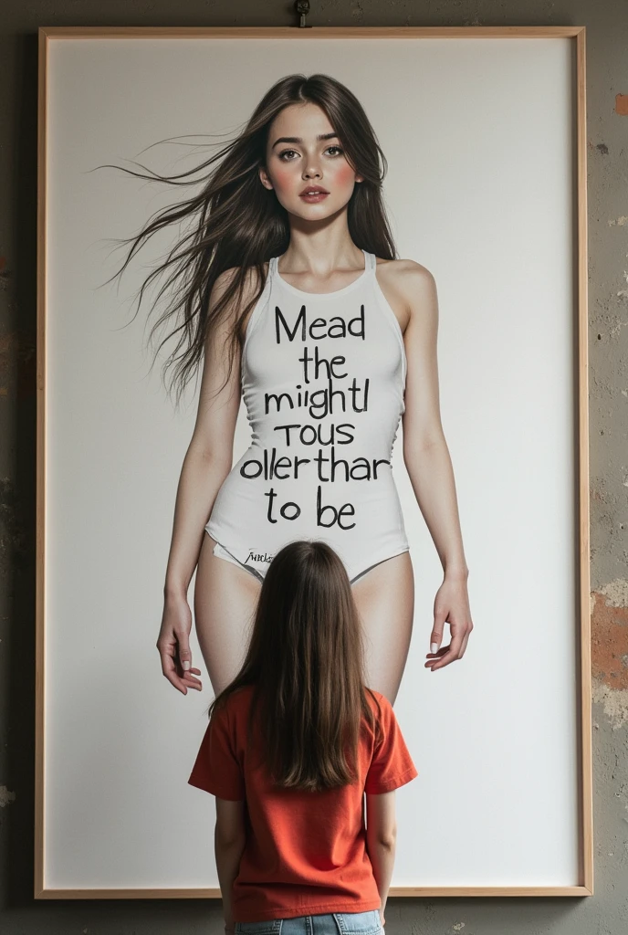 realistic photo, detailed photo, look at the viewer:1.2, ( large poster stand in front of the girl, large poster has words sentences and design drawing on it, large poster cover the bare body of girl,)