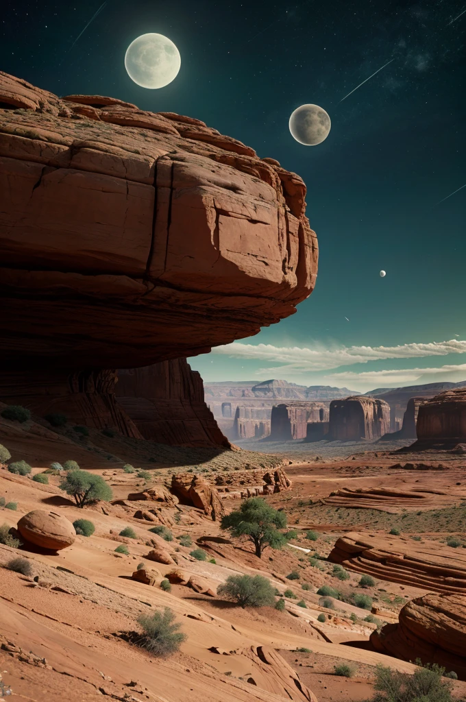 a vast Martian valley, lush green meadows, towering red rock formations, alien flora and fauna, dramatic sky with two moons, cinematic lighting, hyper detailed, photorealistic, 8K, masterpiece