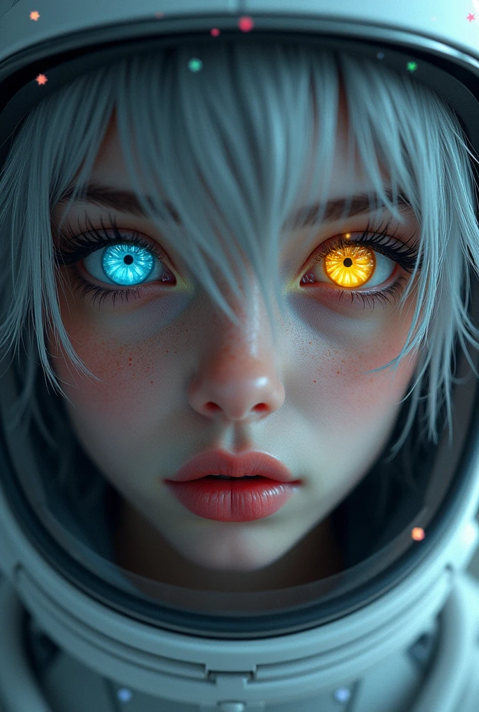 (Close-up of a better masterpiece:1.5)0.9], (Space and astronauts:1.2) (Messy silver hair:1.1) (Heterochromia xanthochromia and blue eyes:1.2) (Space Helmet:1.0) (Colored stars in the eyes:1.0) (A radiant glow:1.1) (thick lips:0.9)