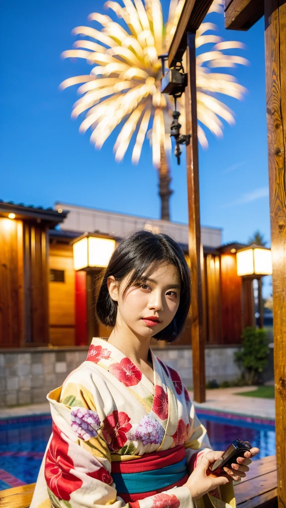 Masterpiece, best quality, ultra high resolution, hyper realistic, realistic, (photorealistic:1.4), masterpiece of analog film photograph a girl, black hair, wearing kimono, taken by Hideaki Hamada using Pentax 67II and Kodak Portra, fireworks, Fireworks background, sky