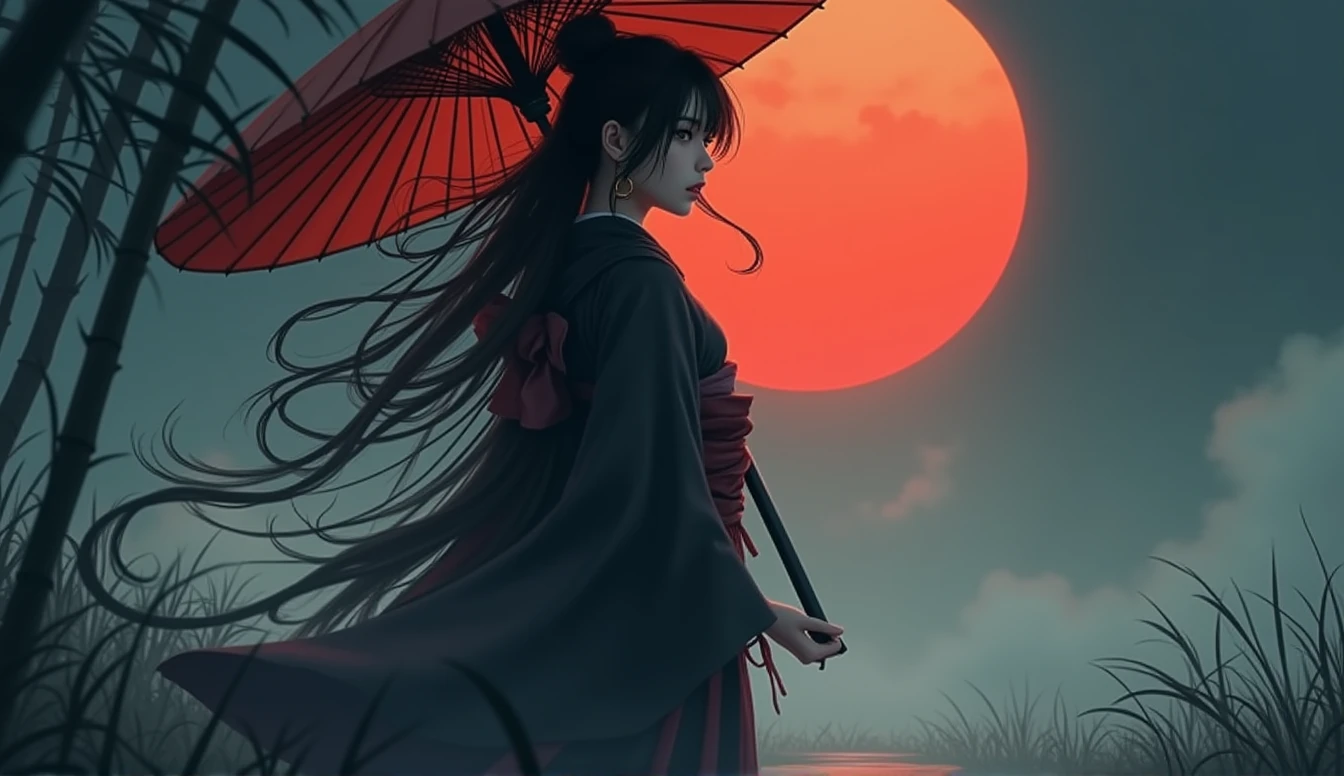 Samurai girl holding a big umbrella,with a bunch of black shadows behinds him,long hair,fog,wind,night,highnoon,bamboo,grass on the ground,traditional japanese art,oriental,,handmade,art nouveau,detailed, sexy, nsfw detailed beauty face, all body shot, all detailed idol chinese face