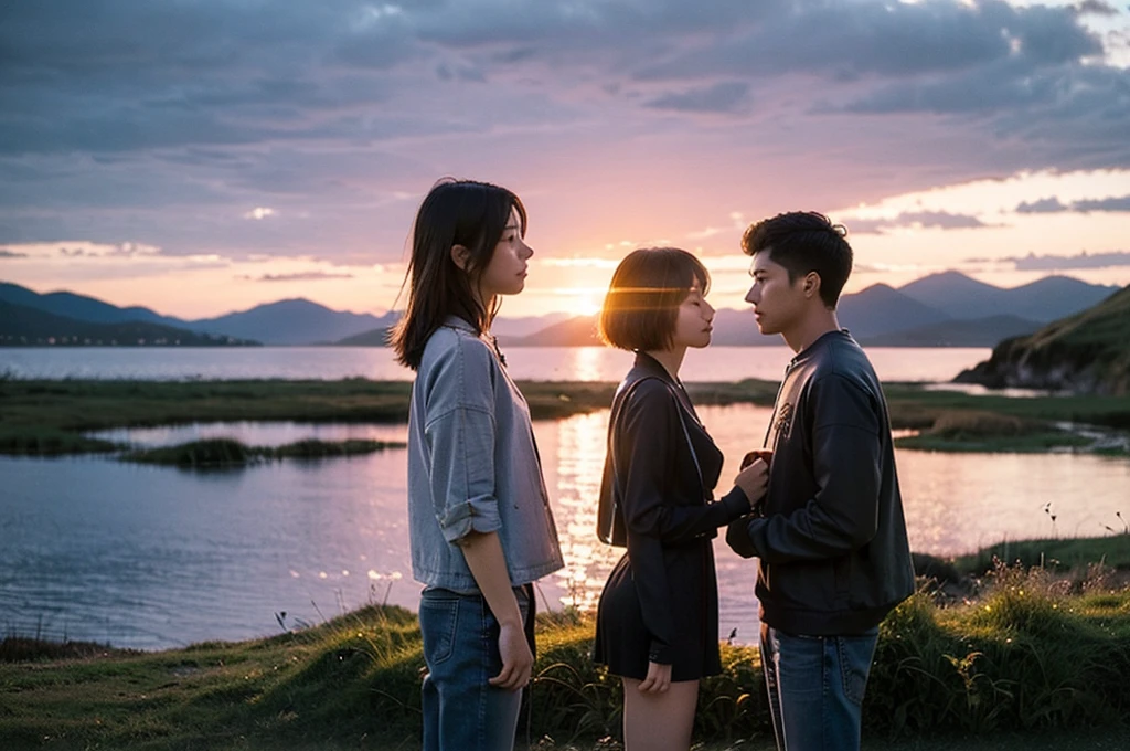 Epic anime-style battle scene in 4K quality, inspired by Makoto Shinkai's cinematic style, capturing an intense face-off between characters in a vibrant landscape. The background features a sunset over a serene lake, with mountains silhouetted against a sky of warm oranges and pinks. Characters are engaged in dynamic combat, but the overall atmosphere retains a calm, reflective vibe, with soft, warm lighting and twinkling stars in the sky, blending the intensity of the battle with the tranquility of a Lo-Fi aesthetic