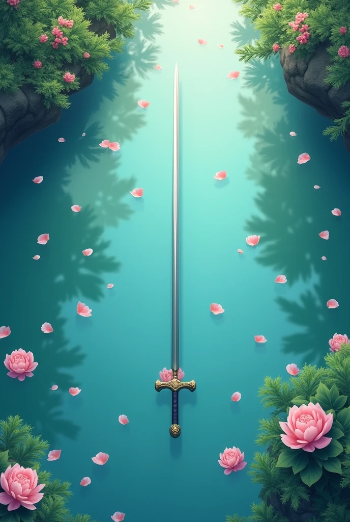 The clear water has a few pink petals and a long sword. Top view of the lake. Looks a little more real. More petals.  The water surface looks more real. all like a painting Chinese breed 