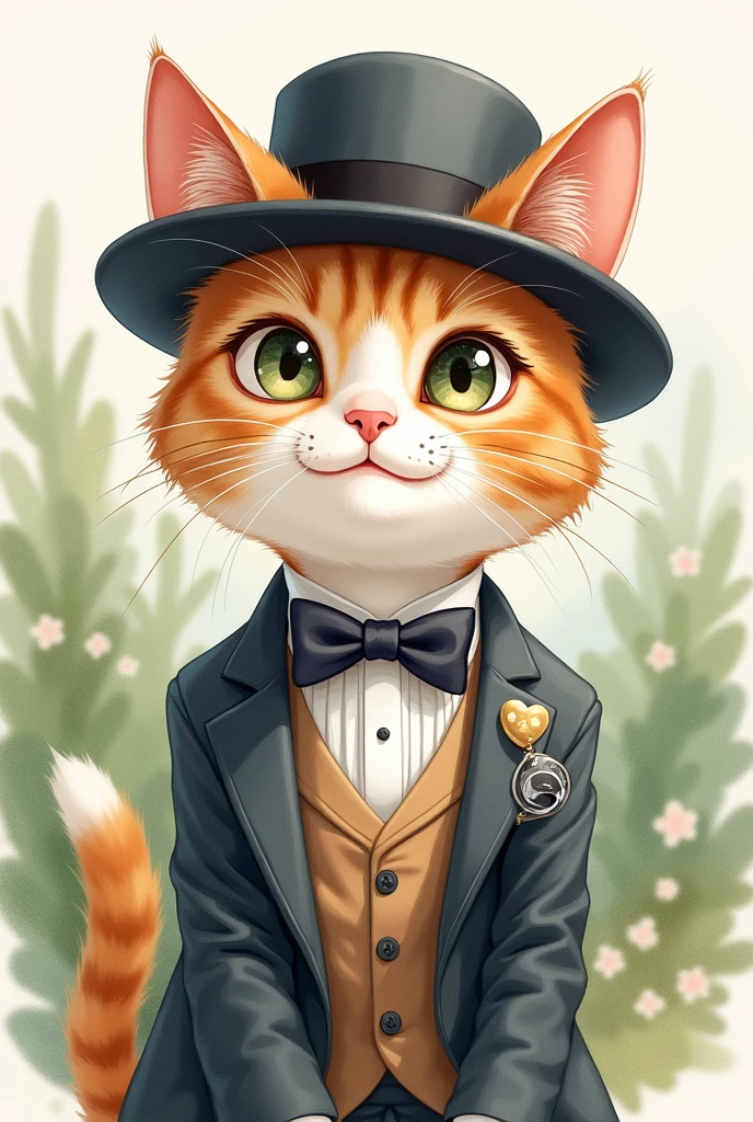 Cat silk hat A bow tie anime watercolor sit suit smile white