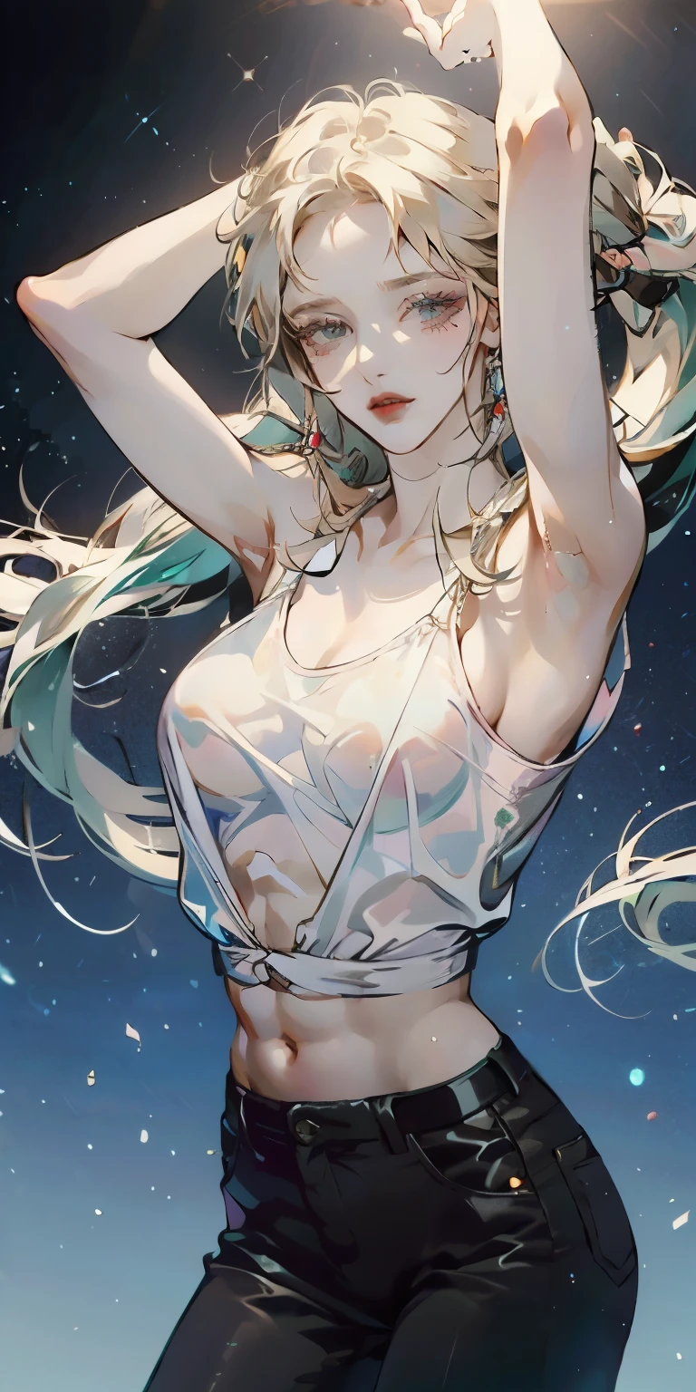 ((best quality, 8K, masterpiece :1.3)), 1 Girl, Pretty woman with emphasized slim abdominal muscles :1.3, (Feel free to hairstyle, Huge breasts :1.2), Oversized vest :1.2, Ultra-fine face, Delicate eyes, Double eyelids