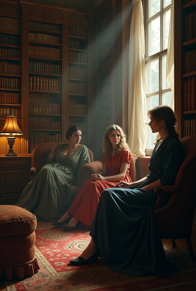 British women, [[[regretful]]],  [[[library]]], [[Leaning]]