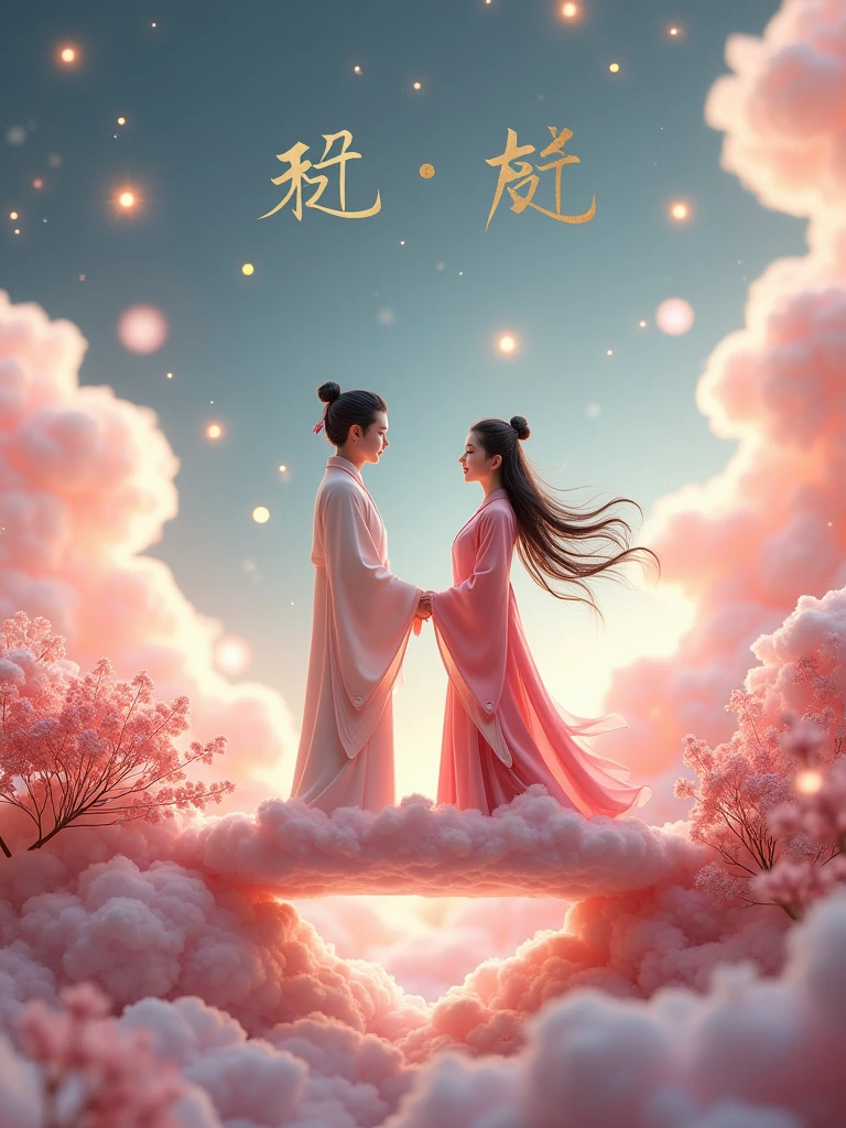 Miniature Landscape, Miniature Models，Fantasy Garden，Aesthetic healing，moon，Star，Beautiful and poetic，In a vast 3D universe，A man and a woman in Hanfu stand on a magpie bridge made of soft pink clouds。These clouds are fluffy and soft，As if just plucked from the sky，Each flower has a delicate texture and slight elasticity.。The edge of the magpie bridge is still hung with strings of glittering pearl-like dewdrops.，About to drip。The starry sky around，Star并非是常见的尖锐亮点，But each one is round and full、A ball of light woven from soft threads of light，Exudes a soft and warm glow，Like freshly baked marshmallows。The clothes worn by the Cowherd and the Weaver Girl are made of silk that is as light as mist.，When the wind blows，The folds of silk flow naturally like water ripples，The edges of the clothing are inlaid with fluffy white down.，Adds a bit of warmth and romance。Their hair is not a rigid line.，But a strand of silky soft、Slightly curly filaments，As if I could feel the gentle breeze，Studio Lighting，3D, Realistic lighting，Beautiful light，Edge Glow，Volumetric Light，Rim Light，Bioluminescence，Perfect composition，Masterpiece，8k，Top of poster, (((Contains text "Love each other, Romantic Tanabata" Very large))), bold, And elegant letters, use, Serif font. Text should have a glow effect or a slight shadow, Make sure it stands out，At the same time, it blends seamlessly with the background, Reflect the seriousness and solemnity of the information