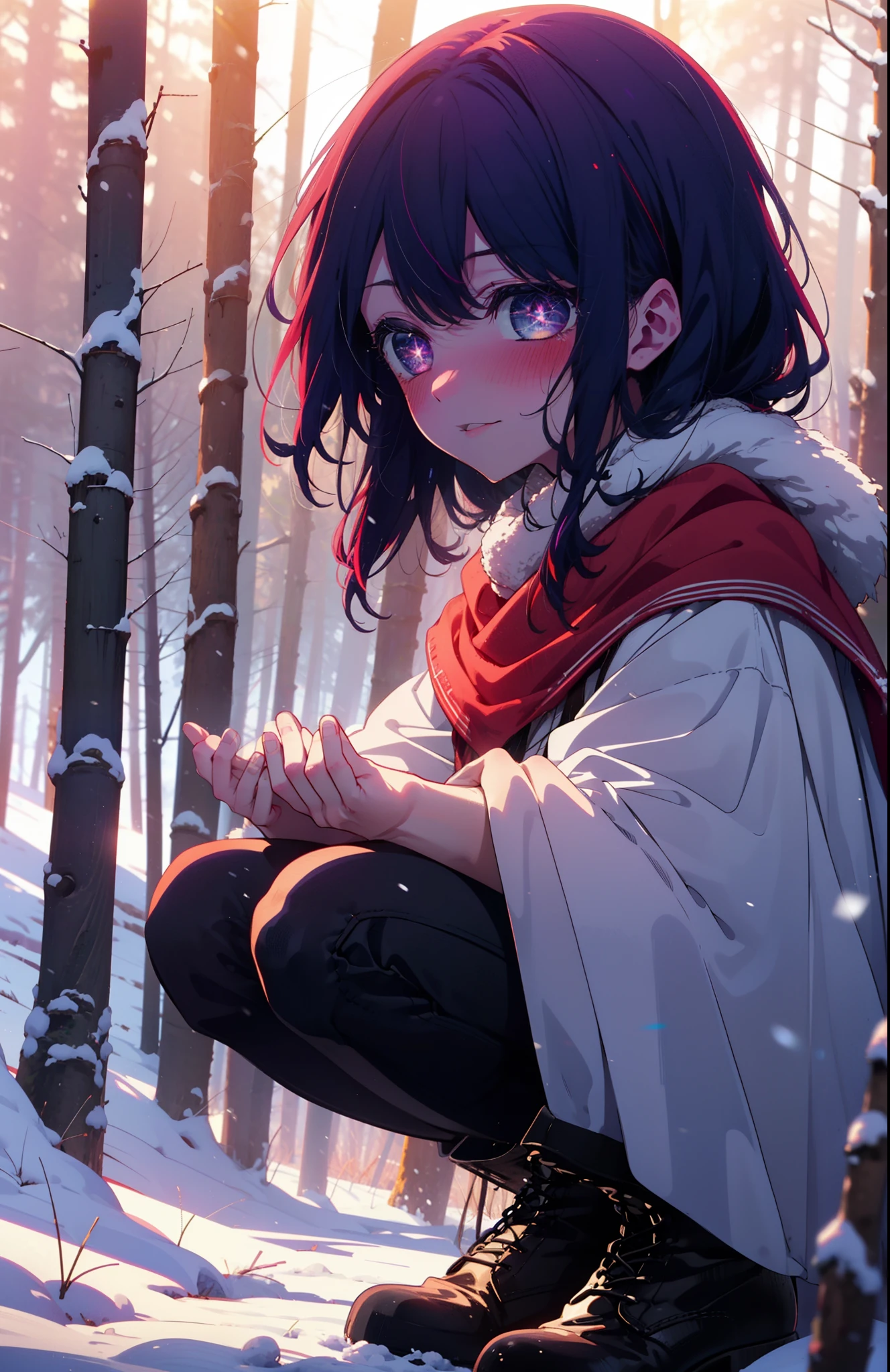 aihoshino, Ai Hoshino, Long Hair, bangs, (Purple eyes:1.1), Purple Hair, (Symbol-shaped pupil:1.5), smile,,smile,blush,white breath,
Open your mouth,snow,Ground bonfire, Outdoor, boots, snowing, From the side, wood, suitcase, Cape, Blurred, , forest, White handbag, nature, Squat, Mouth closed, Cape, winter, Written boundary depth, Black shoes, red Cape break looking at viewer, Upper Body, whole body, break Outdoor, forest, nature, break (masterpiece:1.2), Highest quality, High resolution, unity 8k wallpaper, (shape:0.8), (Beautiful and beautiful eyes:1.6), Highly detailed face, Perfect lighting, Extremely detailed CG, (Perfect hands, Perfect Anatomy),