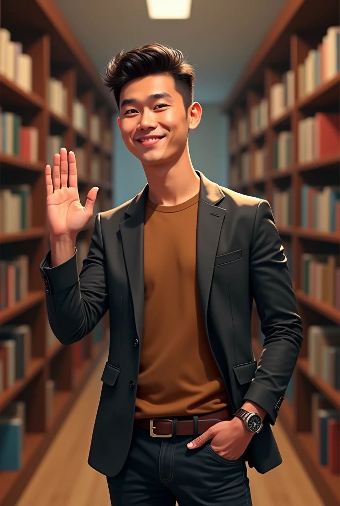 caricature 4D realistic, 33 year old Indonesian man, clean face, neat hair, not thin, not smiling too much, wear a watch on the left hand, wearing a brown t-shirt and blazer, right hand waving, left hand in trouser pocket, standing in the library room where there are bookshelves, high resolution