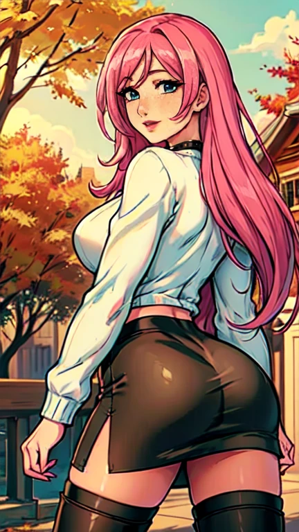 Masterpiece, raw,  beautiful art, professional artist, 8k, art style by sciamano240, very detailed face, very detailed hair, 1 woman, perfectly drawn body, beautiful face, long hair, pink hair , very detailed green eyes , rosey cheeks, intricate details in eyes, playful smile, looking directly at viewer , in love with viewer expression, black chocker, lipstick, wearing cute fall clothes, jacket, tight sweater, short black pencil skirt, thigh boots, standing, sunny day fall setting, focus on feet, rear view, 