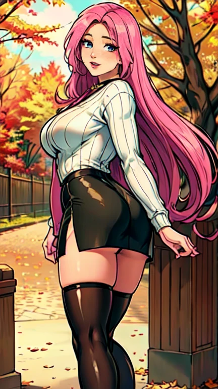 Masterpiece, raw, beautiful art, professional artist, 8k, art style by sciamano240, very detailed face, very detailed hair, 1 woman, perfectly drawn body, beautiful face, long hair, pink hair , very detailed green eyes , rosey cheeks, intricate details in eyes, playful smile, looking directly at viewer , in love with viewer expression, black chocker, lipstick, wearing cute fall clothes, jacket, tight sweater, short black pencil skirt, thigh boots, standing, sunny day fall setting, focus on feet, rear view,