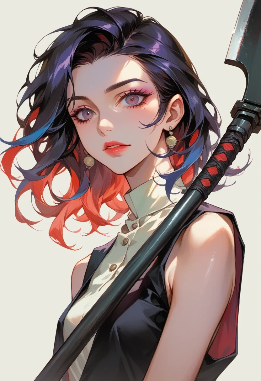 em anime 2.5D Jinx + Boruto Sensual decote ceios pequenos firmes empinanados roupa vermelha rasgada, clad in traditional Slavic attire, wielding a scythe as she mows through a vibrant black e borboletas field under the high summer sun, captured in a cinematic anime scene, shadows cast directly beneath her, e muitas borboletas sun-filled, colorful realism, modularity, photo realistic, ultra high quality details, great attention to the body and face, UHD, 8K , Watercolor, trending on artstation, sharp focus, studio photo