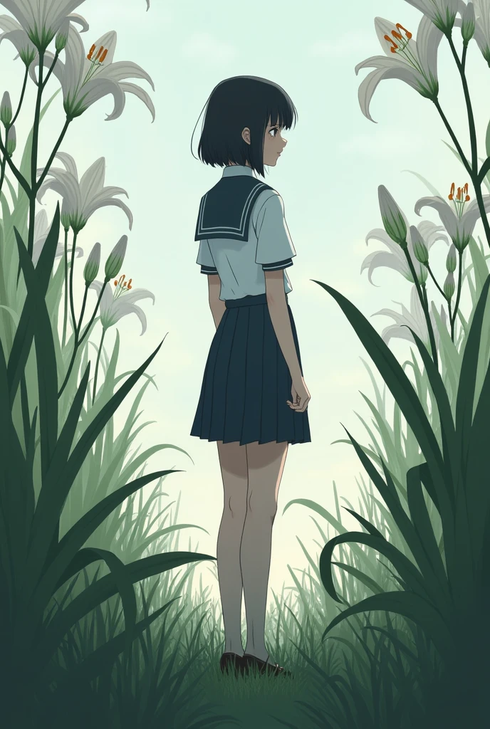 long、Facing backwards、girl、uniform、Waiting for the lilies、whole body