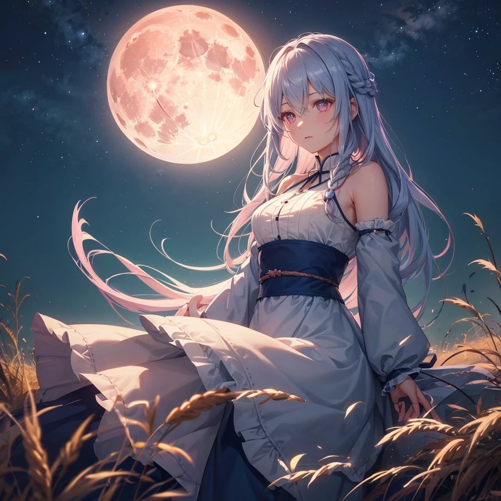 (Sky blue braided medium length hair), (Pink eyes),(Fair skin)  ,(whole body),(One Girl),(harvest moon),(Miscanthus sinensis in the background),autumn,(full moon),(masterpiece, Highest quality, Very detailed, Best Shadow), (Detailed Background), (Beautifully detailed face), High Contrast, (Best lighting, Very delicate and beautiful), ((Cinematic Light)), Hyper Detail,8k, Dramatic Light, 
