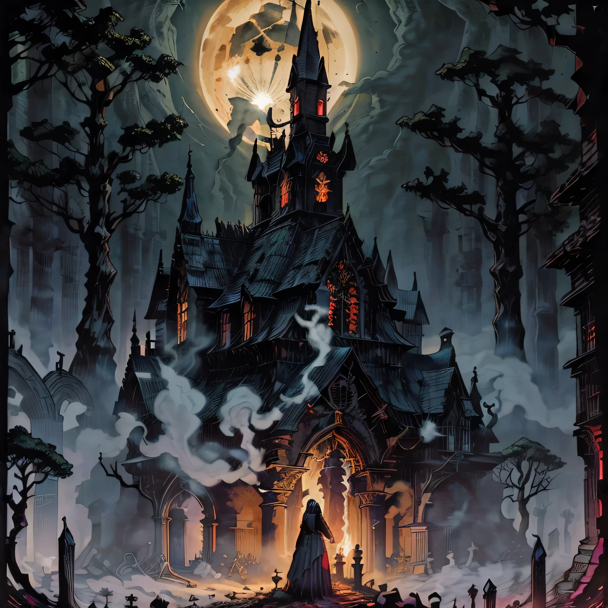 darkspherastyle, (church in flames), fire accident, fire, dark coven, forest, horror theme, moon on sky, black metal album, darkness, creepy forest