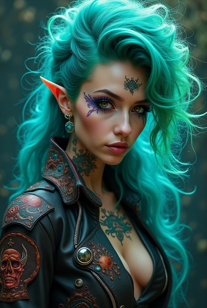 In the captivating image of a quirky chilling galactic pirate, in what appears to be a vividly painted portrait, every intricate detail jumps out to the viewer. The pirate's electrifyingly vibrant turquoise and neon green hair, styled in wild curls, adds an eccentric touch to their mysterious character. Their eyes, like shimmering opals, hold an enigmatic gaze that sends shivers down one's spine. The pirate's patched leather jacket, adorned with intricate silver buckles and faded space-themed patches, tells tales of daring escapades across the cosmos. The intricate tattoos covering their arms and neck, depicting otherworldly creatures, seem to come alive as they slither and crawl in the viewer's imagination. This high-quality image transports the viewer into a hauntingly beautiful world, where the chilling galactic pirate is the embodiment of both danger and allure. (435 characters).