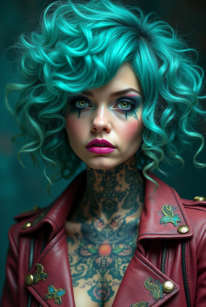 In the captivating image of a quirky chilling galactic pirate, in what appears to be a vividly painted portrait, every intricate detail jumps out to the viewer. The pirate's electrifyingly vibrant turquoise and neon green hair, styled in wild curls, adds an eccentric touch to their mysterious character. Their eyes, like shimmering opals, hold an enigmatic gaze that sends shivers down one's spine. The pirate's patched leather jacket, adorned with intricate silver buckles and faded space-themed patches, tells tales of daring escapades across the cosmos. The intricate tattoos covering their arms and neck, depicting otherworldly creatures, seem to come alive as they slither and crawl in the viewer's imagination. This high-quality image transports the viewer into a hauntingly beautiful world, where the chilling galactic pirate is the embodiment of both danger and allure. (435 characters).