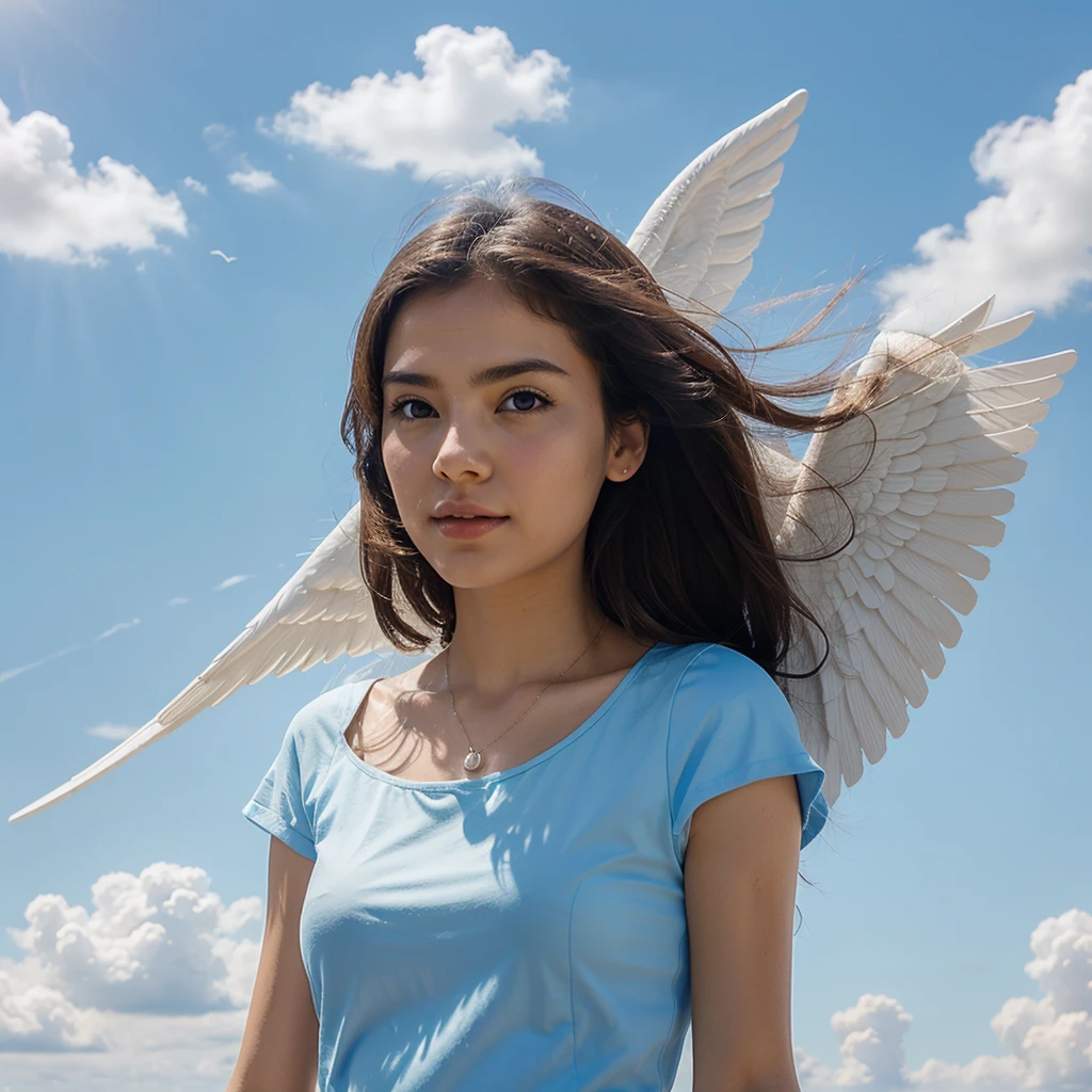 A lovely angel floating in the blue sky.