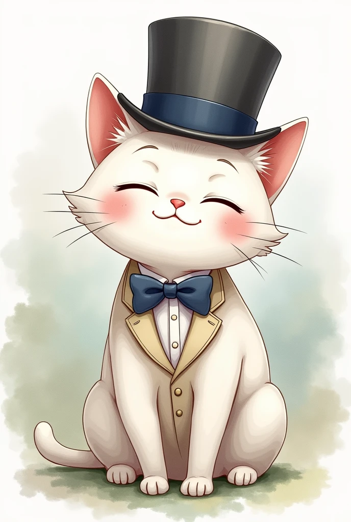 White cat silk hat A bow tie anime watercolor sit suit smile