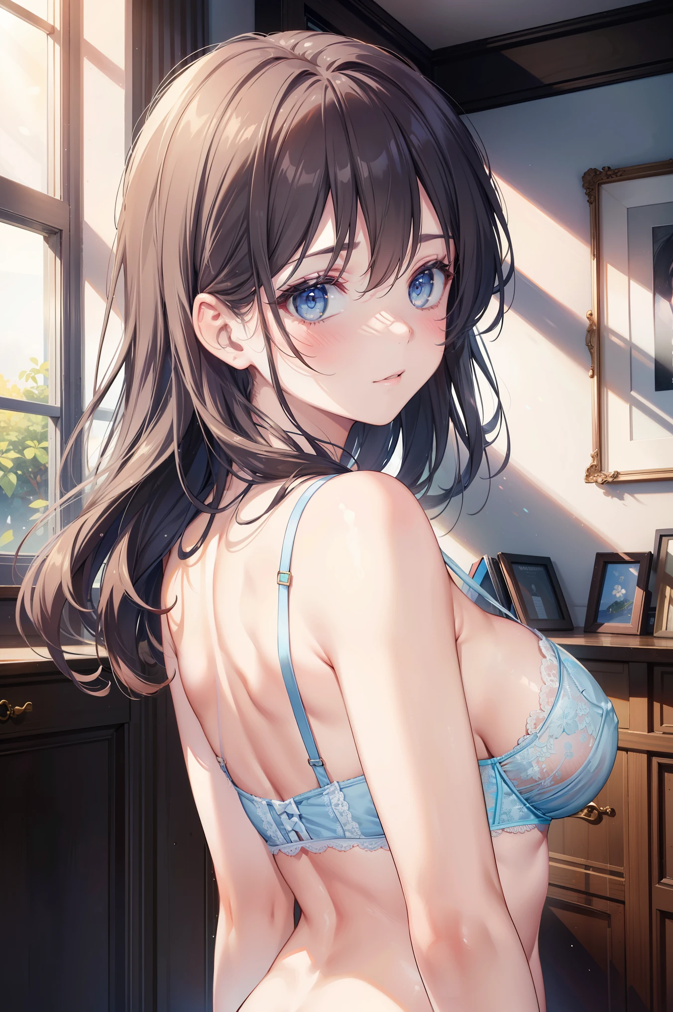 One Girl, Natural light, masterpiece, Very detailed, shape, Game CG, Absurd, high quality, Beautiful attention to detail, Glossy Lips, Natural light, Mid-chest, Claudia Walents, Light blue lace bra, Looking back at the audience, blush