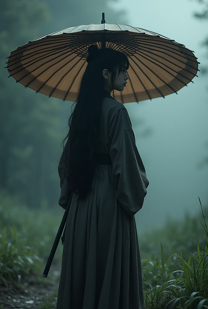 Samurai girl holding a big umbrella,There's a lot of black shadows behind him,Long Hair,fog,Wind,night,High Noon,bamboo,Grass in the ground,Mud on the ground,Film Grain,,traditional japanese art,Oriental,ax,Ghosts of Tsushima,Handmade,Art Nouveau,detailed, sexy, nsfw detailed beauty face, Full Body Shot