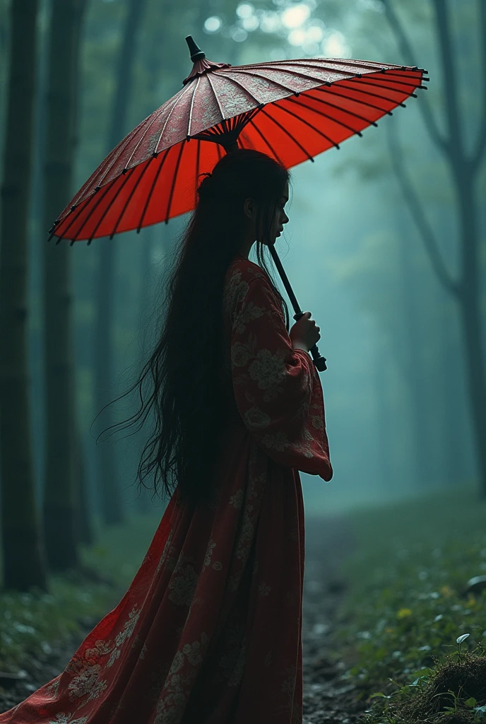 Samurai girl holding a big umbrella,There's a lot of black shadows behind him,Long Hair,fog,Wind,night,High Noon,bamboo,Grass in the ground,Mud on the ground,Film Grain,,traditional japanese art,Oriental,ax,Ghosts of Tsushima,Handmade,Art Nouveau,detailed, sexy, nsfw detailed beauty face, Full Body Shot