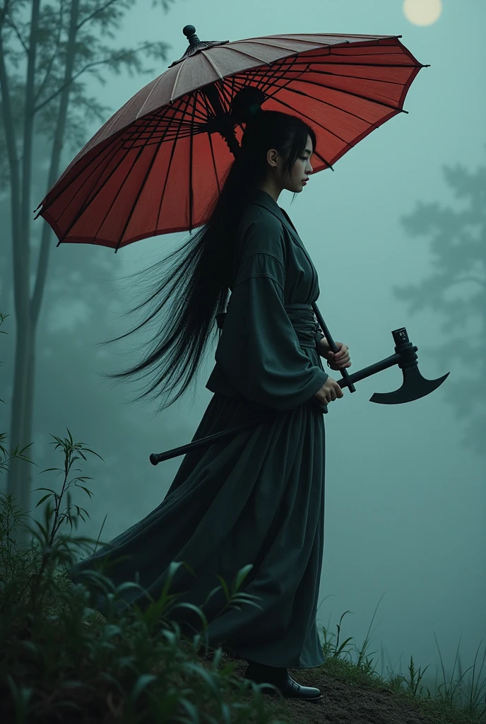 Samurai girl holding a big umbrella,There's a lot of black shadows behind him,Long Hair,fog,Wind,night,High Noon,bamboo,Grass in the ground,Mud on the ground,Film Grain,,traditional japanese art,Oriental,ax,Ghosts of Tsushima,Handmade,Art Nouveau,detailed, sexy, nsfw detailed beauty face, Full Body Shot