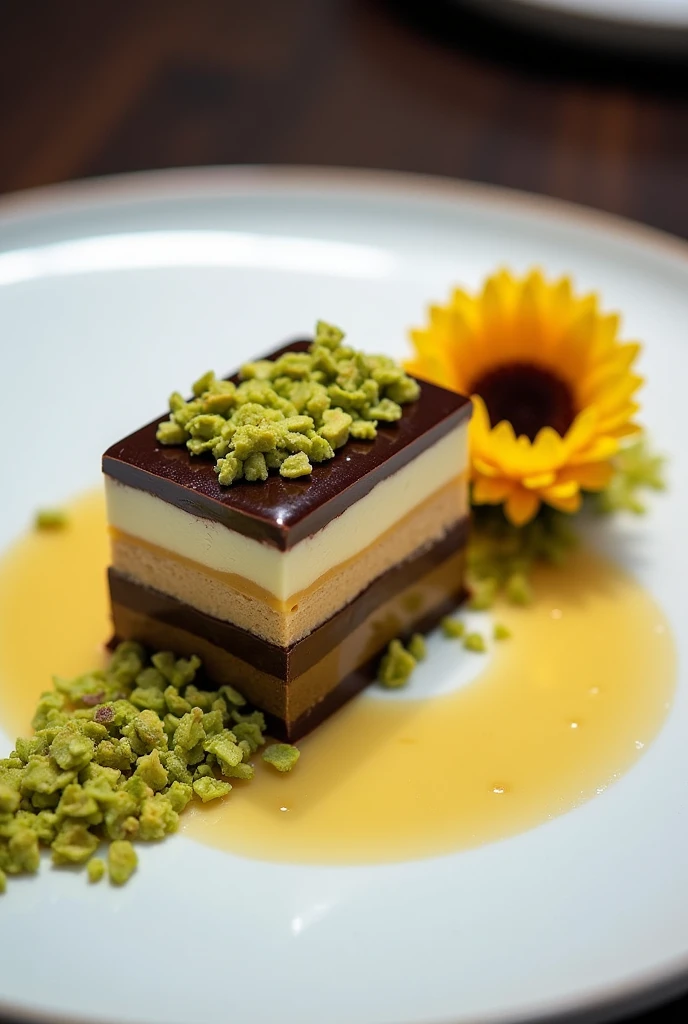 Plate containing a dessert, rectangular pavé on one side of the dish with interspersed layers of dough, creme verse de pitache e creme de doce de leite, covered with a mirrored chocolate coating and with chopped pistachios on the other side a sunflower made of chocolate with yellow petals