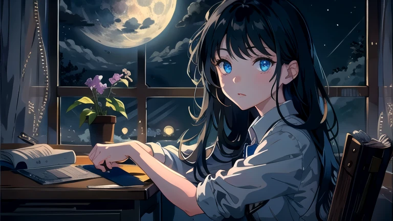 Create an illustration of a girl with black hair and blue eyes, sitting in a chair in front of a desk, Sentimental, Introspective look。, The moonlight gently shines into the room, Gently illuminate the space, Curtains sway in the wind, Increase tranquility, Dark mood, Emphasise the theme of loneliness, silence, And the depths of night, The room is dark、dimly lit by the moonlight