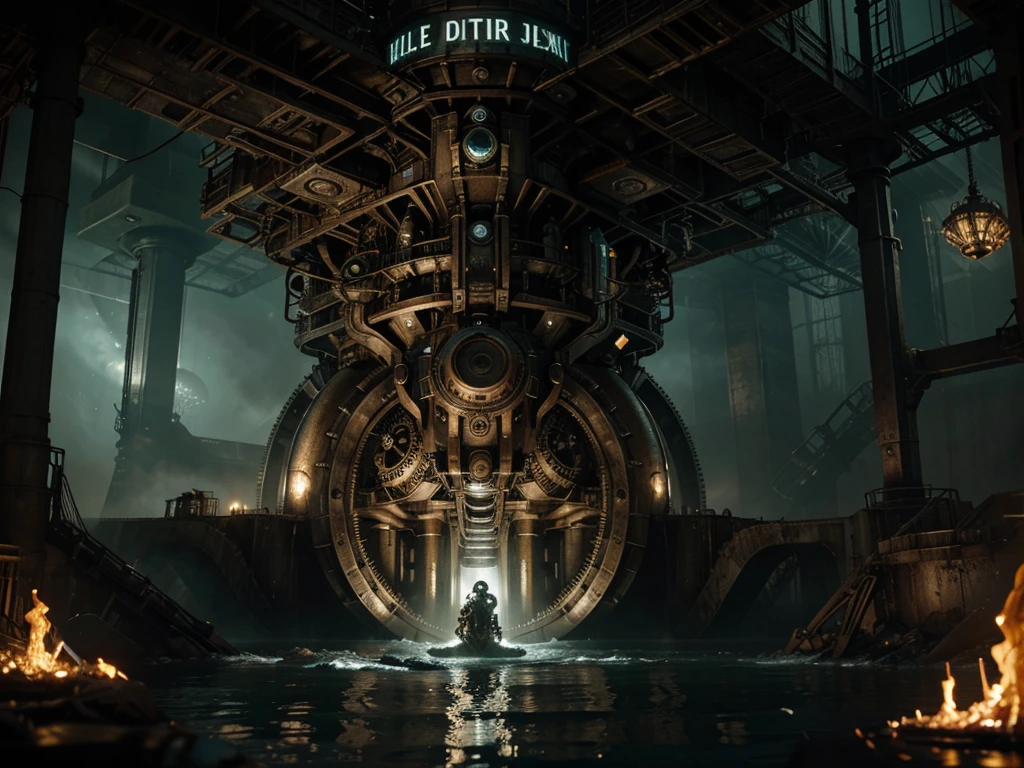 A looming, sinister dieselpunk kraken emerges from the depths, its metallic tentacles gleaming under the dim, industrial light of a sunken city. This detailed illustration captures the creature's intricate clockwork machinery integrated with its organic form, creating a chilling blend of steampunk and sea monster aesthetics. The artist's skillful use of shadows and highlights brings an eerie realism to the fantastical scene, making it appear almost tangible.