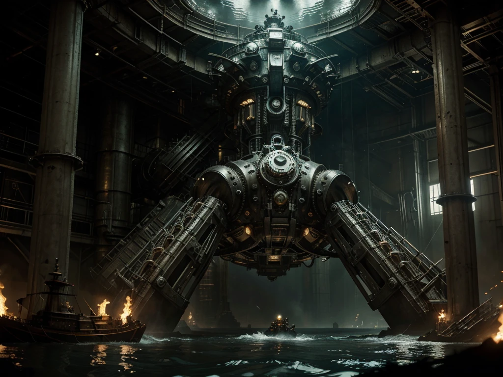 A looming, sinister dieselpunk kraken emerges from the depths, its metallic tentacles gleaming under the dim, industrial light of a sunken city. This detailed illustration captures the creature's intricate clockwork machinery integrated with its organic form, creating a chilling blend of steampunk and sea monster aesthetics. The artist's skillful use of shadows and highlights brings an eerie realism to the fantastical scene, making it appear almost tangible.