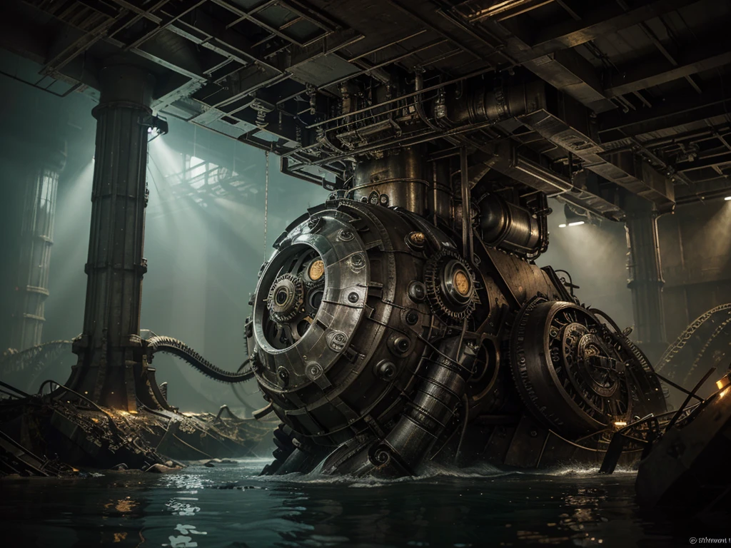 A looming, sinister dieselpunk kraken emerges from the depths, its metallic tentacles gleaming under the dim, industrial light of a sunken city. This detailed illustration captures the creature's intricate clockwork machinery integrated with its organic form, creating a chilling blend of steampunk and sea monster aesthetics. The artist's skillful use of shadows and highlights brings an eerie realism to the fantastical scene, making it appear almost tangible.
