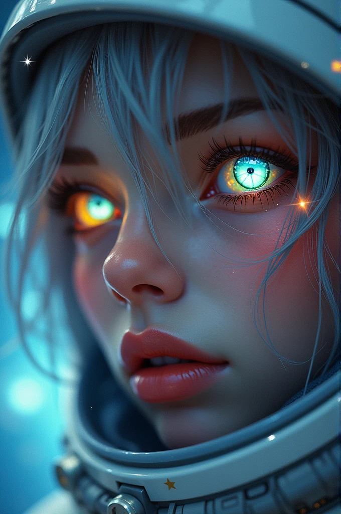 (Close-up of a better masterpiece:1.5)0.9], (Space and astronauts:1.2) (Messy silver hair:1.1) (Heterochromia xanthochromia and blue eyes:1.2) (Space Helmet:1.0) (Colored stars in the eyes:1.0) (A radiant glow:1.1) (thick lips:0.9)