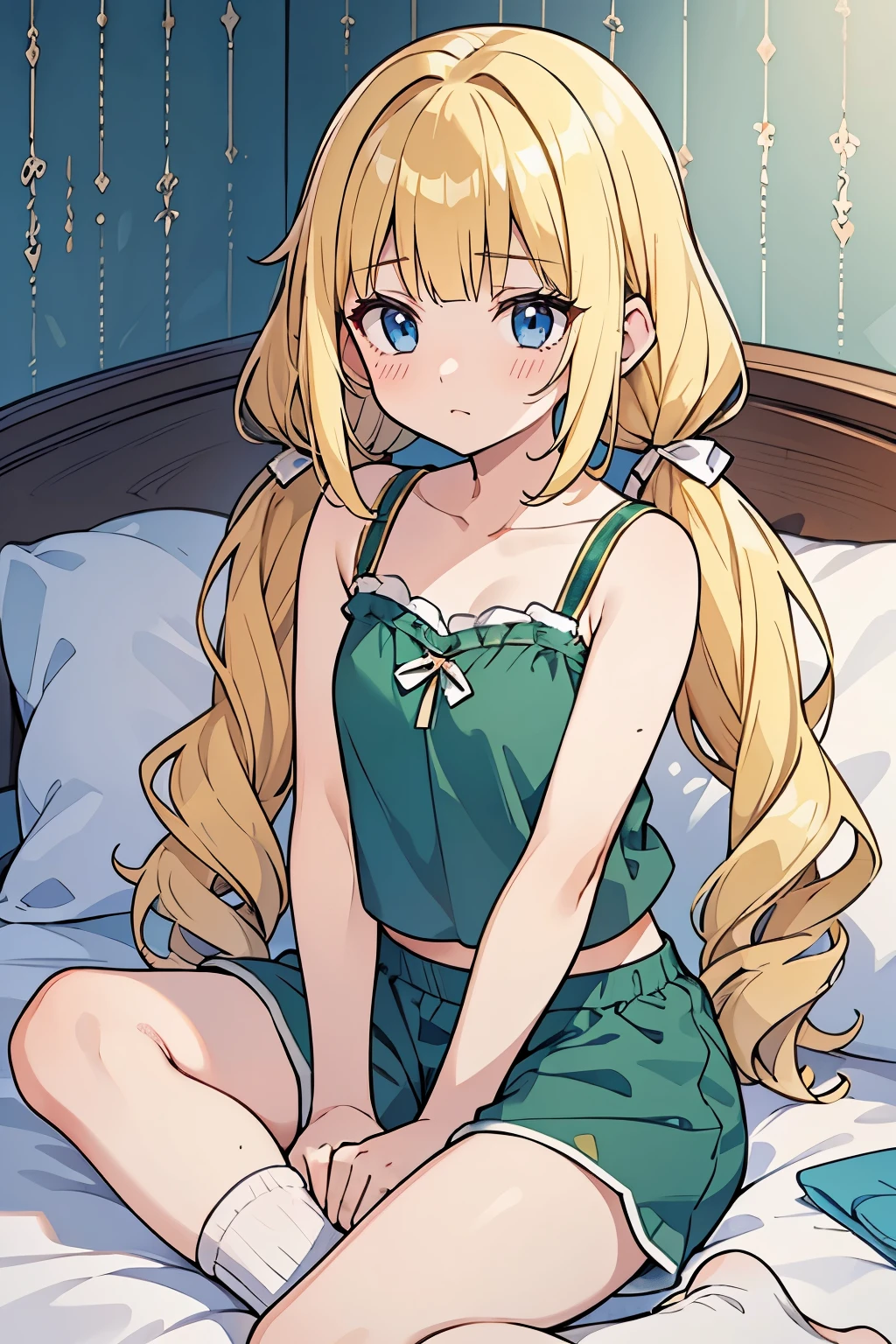 masterpiece, solo girl, (young female body:1.4), (small breasts), cowboy shot, flustered, yellow golden hair, extra gold long hair, thick wavy hair, hime cut, blunt bangs, crystal blue eyes, light blue detailed eyes, bedroom background, dark green and white pyjamas, socks, white pyjama pants, short sleeping shorts, dark forest green tank top, short oversized green top, crop top, short sleeves, wavy curly voluminous twintails, huge low twin tails, voluminous curly hair, butterfly sitting, crossed legs, white ribbon, tilted head