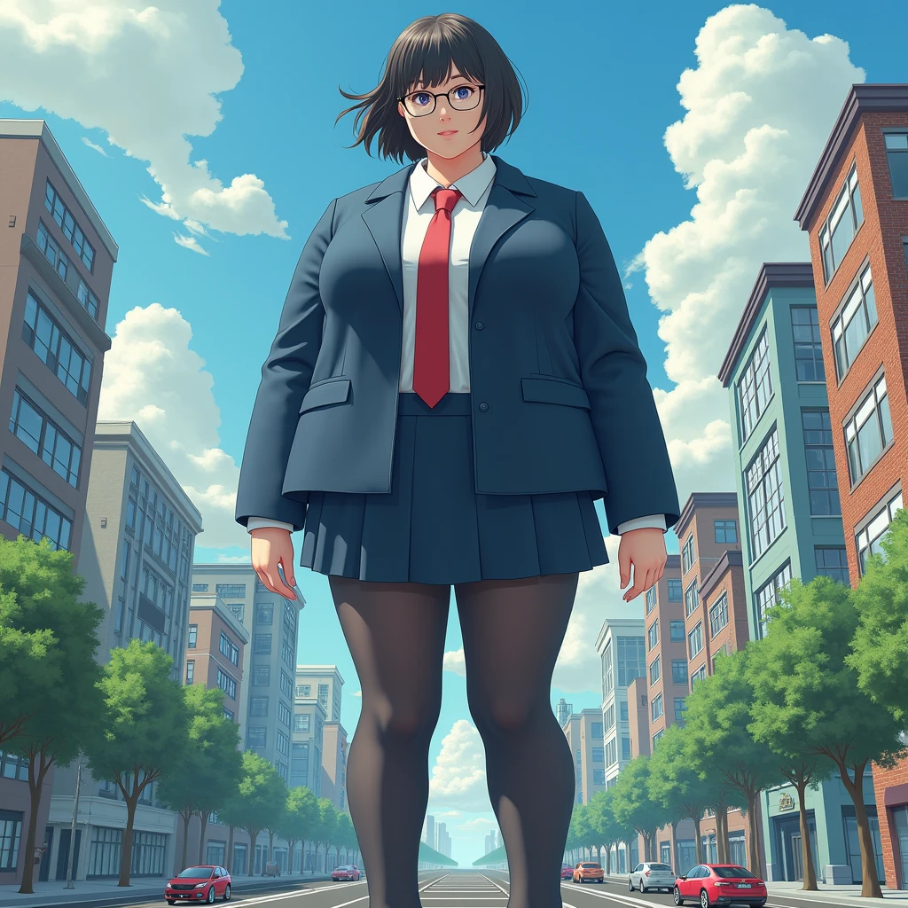Giantアート, Surreal school girl, 非常に詳細なGiantショット, Giant, short hair, Black Pantyhose, A giant schoolgirl'Much larger than a skyscraper, Wear rimless glasses, Huge boobs, Navy Blue Blazer, Red tie, Mini skirt, Black Pantyhose, I don't wear shoes., very small metropolis, Miniature metropolis, 足元までの高さしかないMiniature metropolisで、squatting and urinating, The city is a sea of urine, Urine Tsunami, Small trains and cars are flushed with urine., Full body description, GTS, Giga Giantess, Black Pantyhose, Pantyhose Legs, Pantyhose Legs, ,Stomping City,Crush City,Small Town,Micro City, Pee,