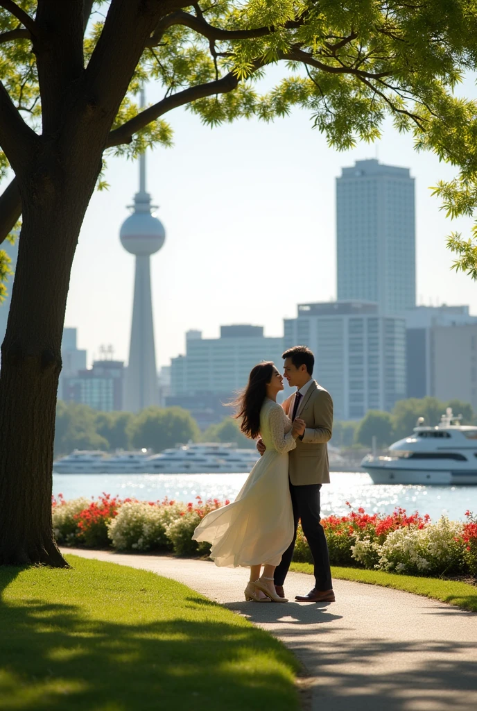 A romantic and passionate scene of a couple in Yamashita Park, Yokohama, Japan. The couple is dressed in a blend of elegant, modern fashion and casual styles, moving together with lively, expressive body language. The background features the iconic elements of Yamashita Park: the serene waterfront with views of Yokohama Bay, the historic Marine Tower rising in the distance, and the vibrant flower beds filled with seasonal blooms. Tall, lush trees line the pathways, with sunlight filtering through the leaves, casting dappled light and shadows. The park's well-maintained lawns and beautifully arranged flower gardens add a touch of natural beauty to the scene, while the nearby harbor with its gentle waves and anchored ships provides a cinematic backdrop. The couple is engaged in a playful and loving interaction, perhaps walking hand in hand, dancing, or sharing an embrace, with their movements captured mid-motion, giving the image a sense of life and energy. The overall atmosphere is one of romance and enchantment, blending the beauty of nature with the warmth of their connection.