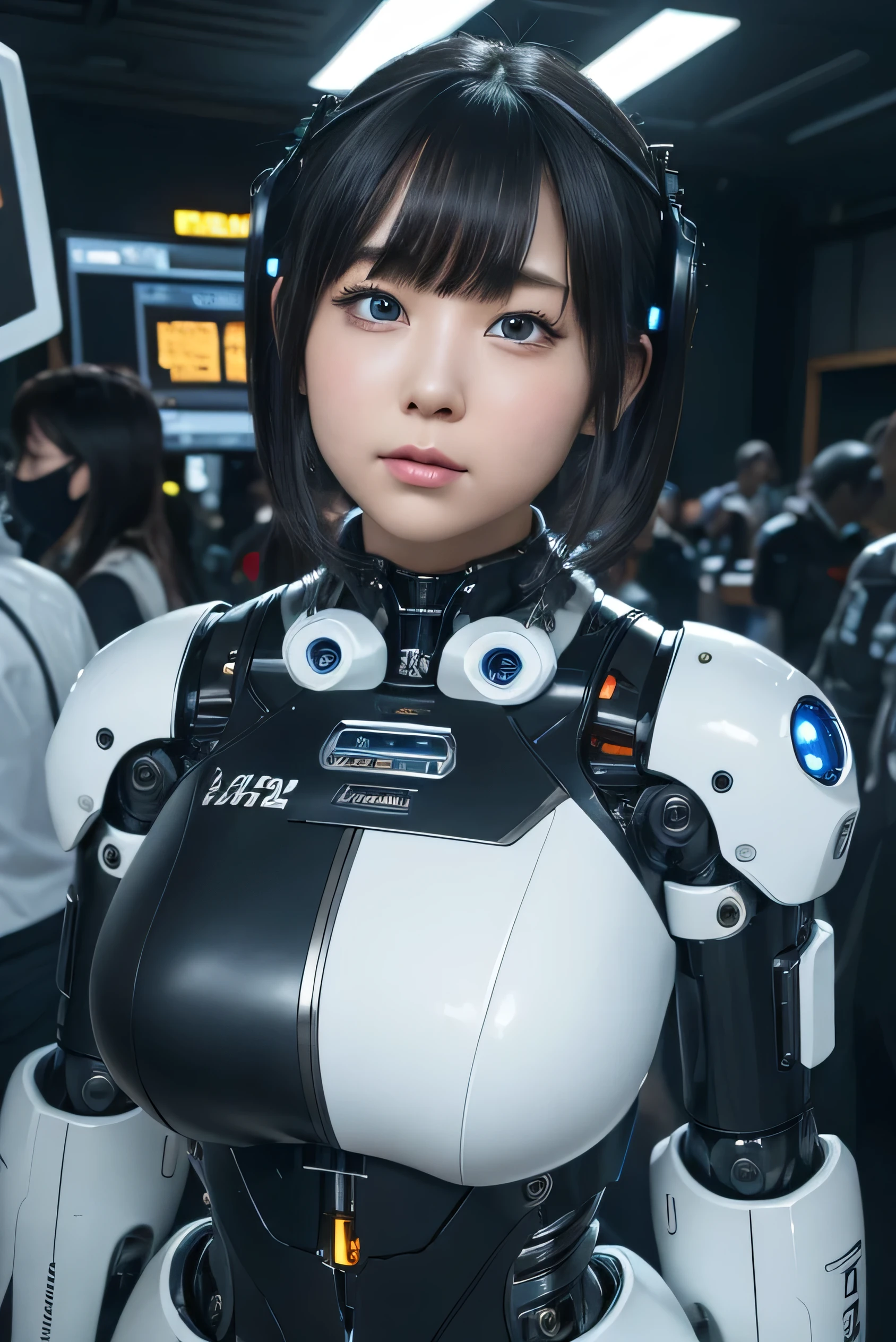 masterpiece, best quality, extremely detailed, Japaese android girl,portrait,Plump,a bit chubby,control panels,android,Droid,Mechanical Hand, Robot arms and legs, Black hair,Blunt bangs,perfect robot girl,long tube,thick cable connected her neck,android,robot,humanoid,cyborg,japanese cyborg girl ,robot-assembly plant,She is assembling now,assembly scene,blue eyes,chest monitor
