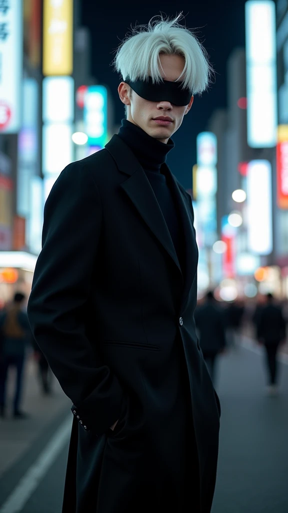 A full-body photograph of a tall, slender man with delicate features. He has completely white, slightly messy hair that falls over his forehead, and his eyes are covered by a black blindfold. He is wearing an all-black outfit composed of a black t-shirt and matching pants, giving him an elegant and imposing appearance. He is smiling confidently. The setting is nighttime in Shibuya, Japan, with the city's bright neon lights illuminating the scene. The photo is styled like a professional photoshoot, with a sharp focus on the subject, capturing his charismatic and powerful personality 