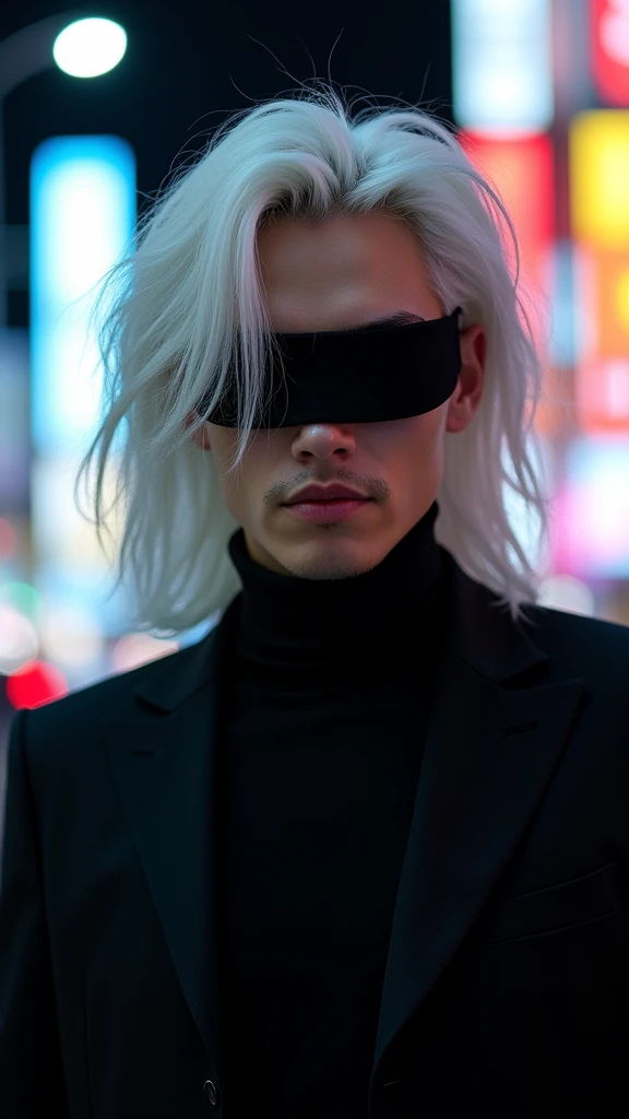 A full-body photograph of a tall, slender man with delicate features. He has completely white, slightly messy hair that falls over his forehead, and his eyes are covered by a black blindfold. He is wearing an all-black outfit composed of a black t-shirt and matching pants, giving him an elegant and imposing appearance. He is smiling confidently. The setting is nighttime in Shibuya, Japan, with the city's bright neon lights illuminating the scene. The photo is styled like a professional photoshoot, with a sharp focus on the subject, capturing his charismatic and powerful personality 