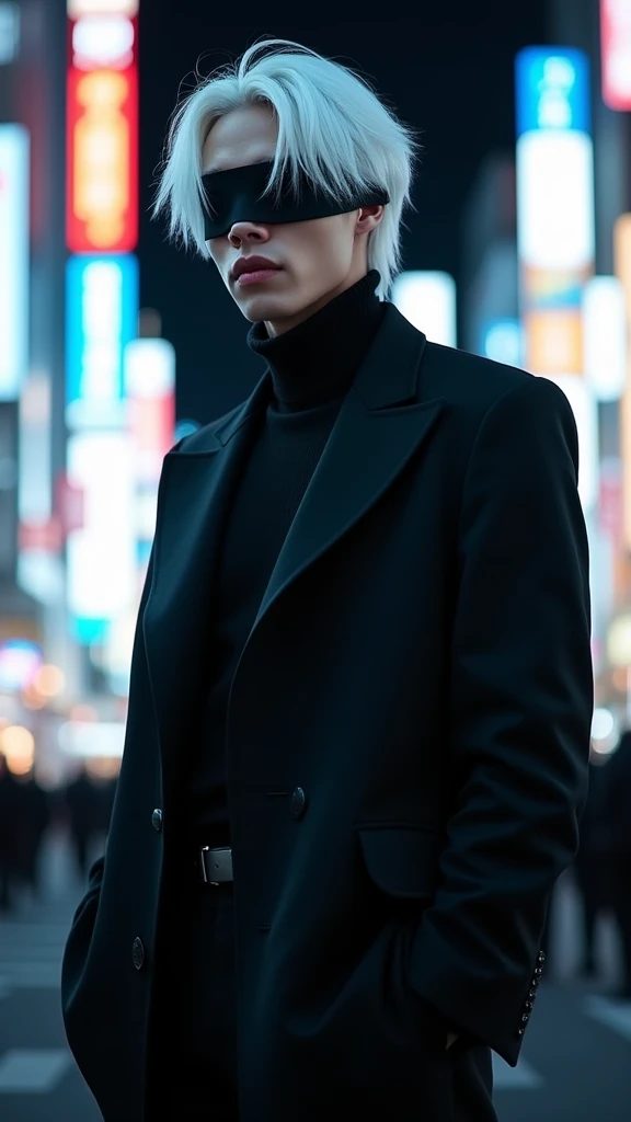 A full-body photograph of a tall, slender man with delicate features. He has completely white, slightly messy hair that falls over his forehead, and his eyes are covered by a black blindfold. He is wearing an all-black outfit composed of a black t-shirt and matching pants, giving him an elegant and imposing appearance. He is smiling confidently. The setting is nighttime in Shibuya, Japan, with the city's bright neon lights illuminating the scene. The photo is styled like a professional photoshoot, with a sharp focus on the subject, capturing his charismatic and powerful personality 