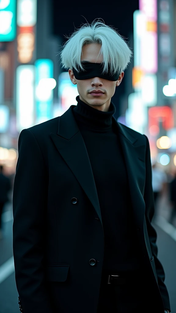 A full-body photograph of a tall, slender man with delicate features. He has completely white, slightly messy hair that falls over his forehead, and his eyes are covered by a black blindfold. He is wearing an all-black outfit composed of a black t-shirt and matching pants, giving him an elegant and imposing appearance. He is smiling confidently. The setting is nighttime in Shibuya, Japan, with the city's bright neon lights illuminating the scene. The photo is styled like a professional photoshoot, with a sharp focus on the subject, capturing his charismatic and powerful personality