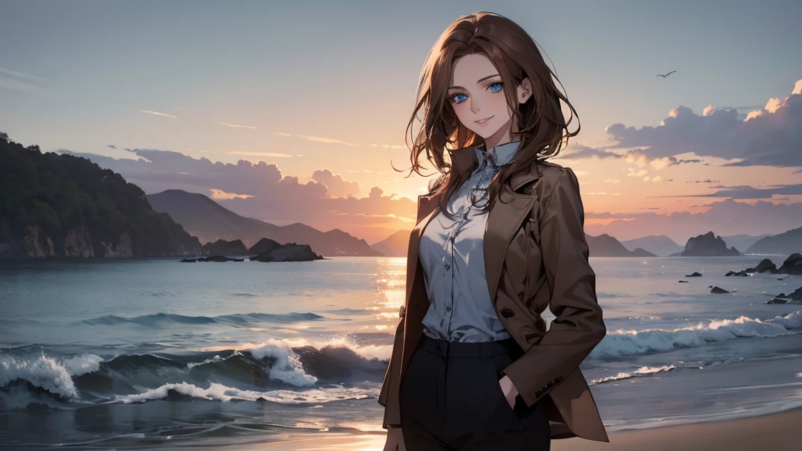 (Highest quality,High resolution,Very detailed),1 girl, Beautiful and elegant light blue eyes, Brown Hair, Cold Smile,Bob Hair, Jacket,skinny pants, Mature Woman, Age 26,Cruel smile, Calm and Calm, Slim figure, Pale complexion, thin, Calm,Small breasts, secretary,Seaside at dawn