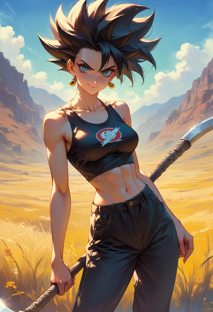 em anime 2.5D Jinx + Vegeta sexy Sensual decote ol com blusa rasgada preta clad in traditional Slavic attire, wielding a scythe as she mows through a vibrant black e borboletas field under the high summer sun, ((captured in a cinematic anime scene, shadows cast directly beneath her, e muitas borboletas sun-filled, colorful realism, modularity, photo realistic)), ultra high quality details, great attention to the body and face, UHD, 8K , Watercolor, trending on artstation, sharp focus, studio photo