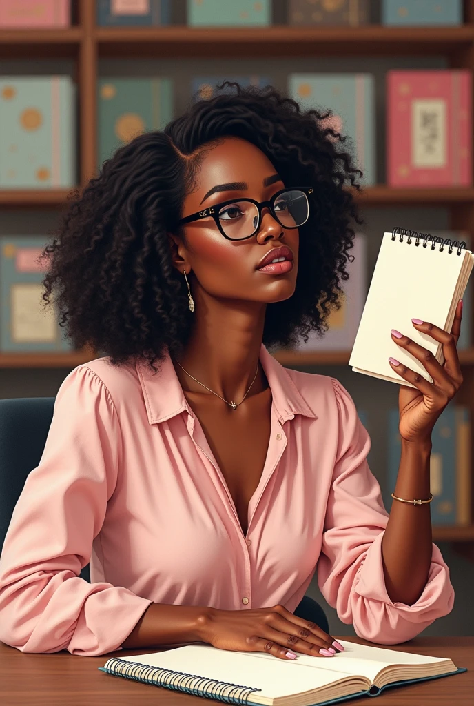 a black woman, with shoulder-length curly hair wearing glasses with a light pink blouse sitting at a table in a personalized stationery office with several personalized agendas behind looking forward raising a personalized agenda in her hand. IN DRAWING STYLE.