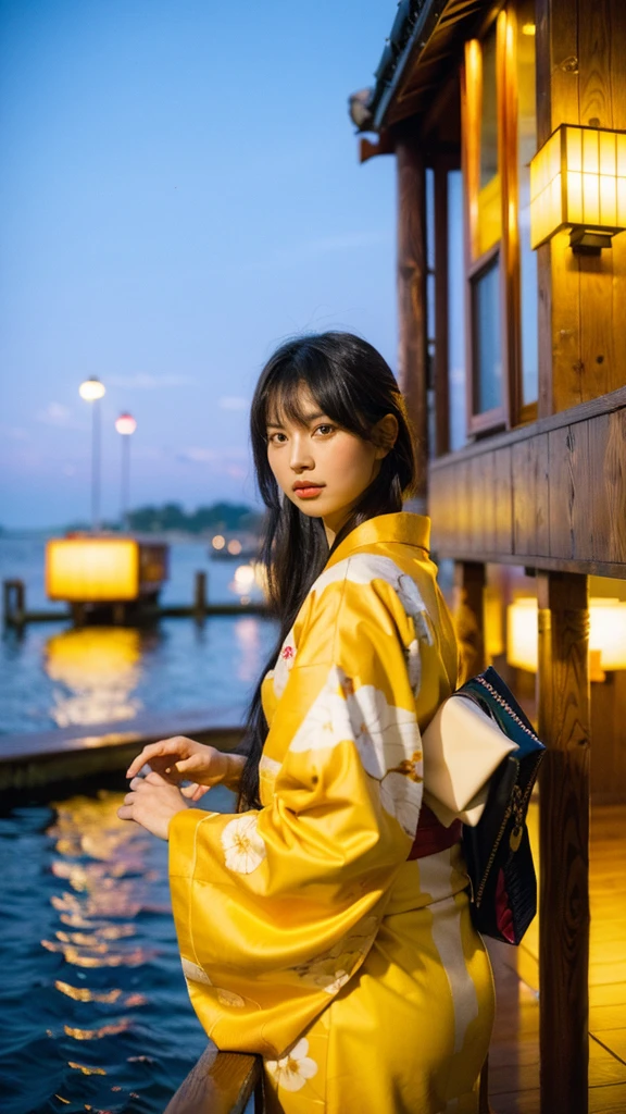 Masterpiece, best quality, ultra high resolution, hyper realistic, realistic, (photorealistic:1.4), masterpiece of analog film photograph a girl, long black hair, blunt bangs, wearing kimono, taken by Hideaki Hamada using Pentax 67II and Kodak Portra, fireworks, Fireworks background, sky