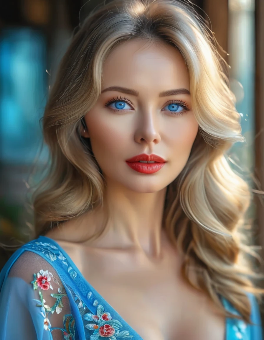 (best qualityer, 4K, 8k, high resolution, work of art: 1.2), (super verbose, realisitic, Fotorrealisitic:1.37)A Beautiful Russian Woman 40 years with dark blonde hair, bright white skin, middle lips, gray-blue eyes in the South Korea.