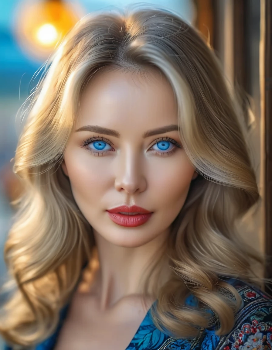 (best qualityer, 4K, 8k, high resolution, work of art: 1.2), (super verbose, realisitic, Fotorrealisitic:1.37)A Beautiful Russian Woman 40 years with dark blonde hair, bright white skin, middle lips, gray-blue eyes in the South Korea.
