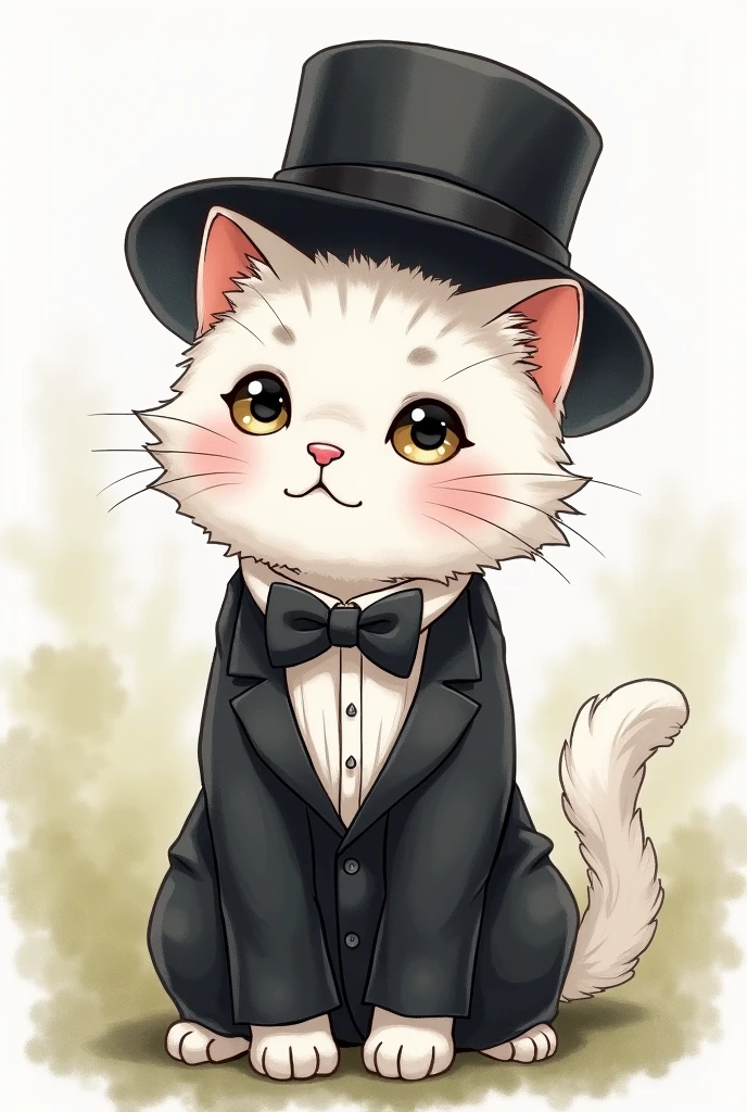 White cat silk hat A bow tie anime watercolor sit Black Suit smile