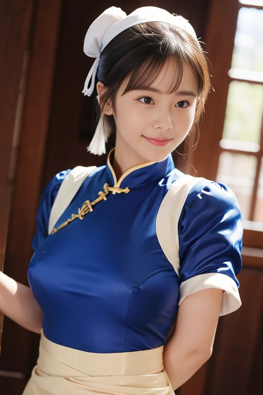 Chun-Li from Street Fight II,The perfect Chun-Li costume,Blue Chinese dress with gold lines,Bunhead,bun cover,Fighting Pose,masterpiece、1 beautiful girl、Beautiful Eyes、Puffy eyes、Highest quality, 超High resolution, (reality: 1.4), Cinema Lighting、Japanese、Asian Beauty、Korean、so beautiful、Beautiful Skin、Body facing forward、Face close-up、(超reality的な)、(High resolution)、(8k)、(Very detailed)、(美しくBeautiful Eyes)、(Very detailedな)、 (wall-)、Detailed face、Bright lighting、Professional Lighting、Looking at the audience、Look straight ahead、Diagonal bangs、Nogizaka Idol、Korean Idol、masterpiece, Highest quality, masterpiece, Highest quality, Perfect Face, Perfect brown eyes with white sclera, Bad move -5, alone, 1 girl, Upper Body, Brown Hair, From SF2, Chinese Language Services, smile, Muscular Woman, Blue clothes, pantyhose, Pelvic Curtain, puffy short sleeve, Good cover, sash, evaluation:safety