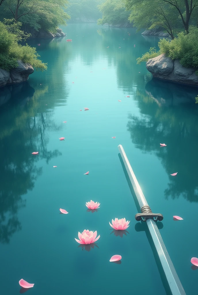 The clear water has a few pink petals and a long sword. Top view of the lake. Looks a little more real. More petals. The water surface looks more real. all like a painting Chinese breed